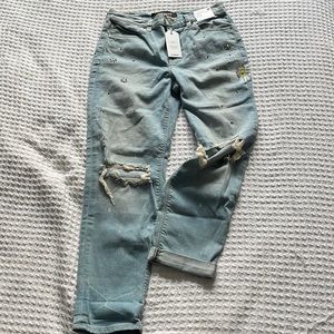Express Girlfriend High Rise Distressed & Embellished Jeans NWT
